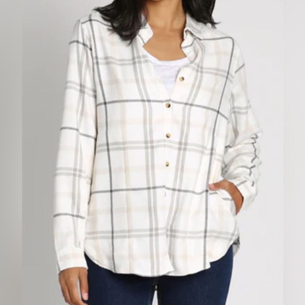 Jachs Girlfriend New York Plaid Button-Down Shirt, Women’s L Ivory and Grey Top